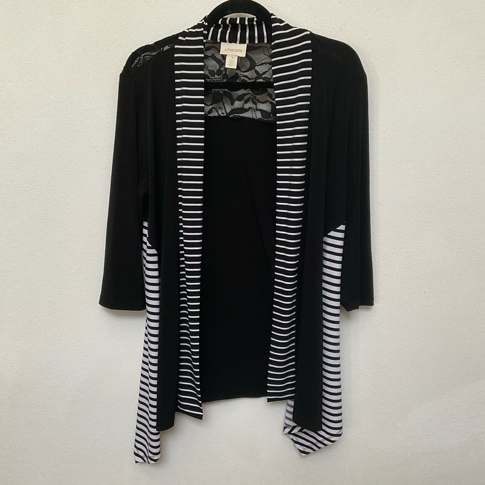 Chico's Black, White Striped Lace Upper Back Open Front Cardigan Size 1 M/8